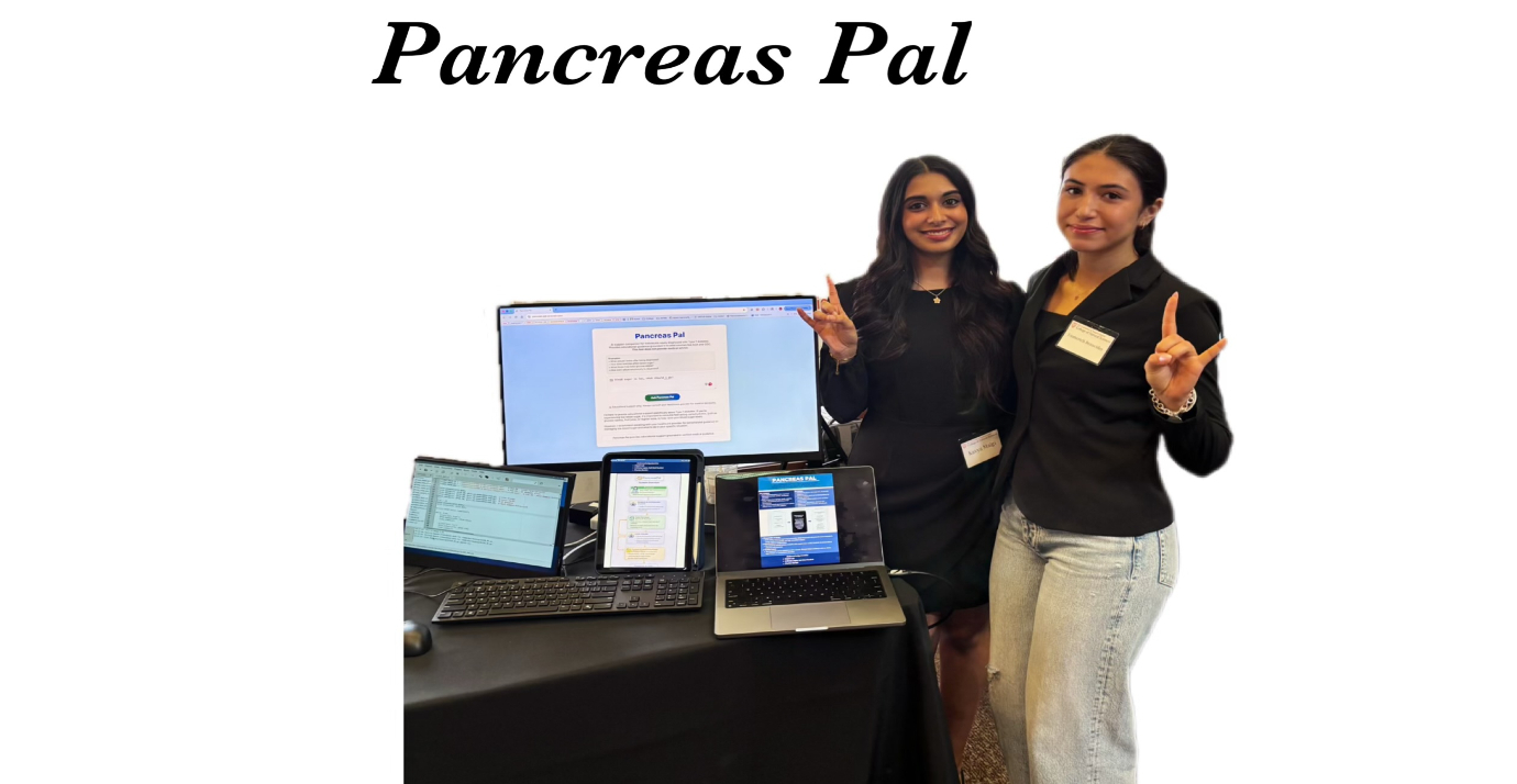2 students showing their Pancreas Pal Project on their laptops